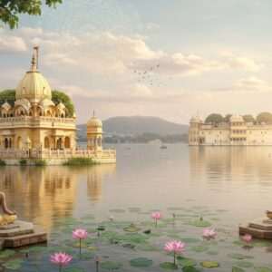 A serene and ethereal scene depicting the spiritual essence of Udaipur, showcasing the iconic Jag Mandir palace floating majestically on Lake Pichola. In the foreground, an intricately detailed image of a Hindu temple with golden spires, surrounded by lush greenery and blooming lotus flowers. The scene is bathed in soft, glowing lights, with pastel hues of warm gold, pale pink, and gentle blue reflecting off the water's surface. An Indian yogi is seen meditating peacefully on a stone platform by the lake, embodying tranquility and mindfulness. The sky above is adorned with a subtle glowing mandala and delicate clouds, enhancing the spiritual ambiance. The overall aesthetic combines traditional Indian art elements with modern digital finesse, creating a captivating and inviting visual experience for the viewer.