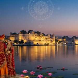 A captivating scene of Udaipur's City Palace, majestically overlooking Lake Pichola under a serene twilight sky. The palace is illuminated with soft, warm golden lights reflecting on the tranquil water, creating an ethereal glow. In the foreground, a traditional Rajasthani couple dressed in vibrant attire—her in a richly embroidered saree of saffron and maroon, him in a royal blue sherwani—stand gracefully, taking in the view. They are surrounded by delicate lotus flowers floating on the water's surface, and in the sky, a faint glowing mandala adds a touch of spirituality. The art style merges traditional Indian elements with modern digital aesthetics, using a palette of deep gold, peacock blue, and pastel pinks to evoke both heritage and tranquility. The overall tone is peaceful yet awe-inspiring, drawing the viewer into Udaipur's harmonious blend of history and spirituality.