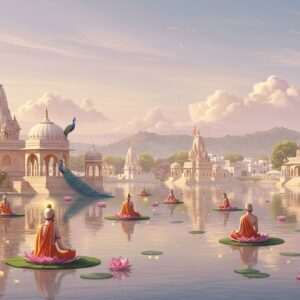 A serene and ethereal depiction of Udaipur's spiritual landscape in 2025. The foreground showcases a tranquil lake with reflections of intricately designed temples and ashrams. Elegant Indian figures are seen meditating on lotus leaves floating on the water, surrounded by soft glowing lights and pastel hues of pink and gold. The temples are adorned with traditional Rajasthani architecture featuring domes and arches, with peacock motifs and intricate carvings. In the background, there are gentle hills under a calm, pastel-colored sky with ethereal clouds. The overall atmosphere is one of peace, harmony, and spiritual awakening, with an emphasis on the connection between nature and inner self. The art style is a fusion of traditional Indian art forms with a modern digital aesthetic, capturing the essence of Udaipur's timeless spirituality.