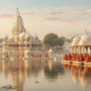 A serene and ethereal depiction of Udaipur's sacred landscape, featuring the iconic Jagdish Temple in the background, bathed in a soft, warm golden light. The temple's intricate carvings and architecture are highlighted with a blend of traditional Madhubani patterns and modern digital aesthetics. In the foreground, a tranquil lake reflects the temple's grandeur, adorned with floating lotus flowers and subtle glowing mandalas on the water's surface. Indian devotees, dressed in vibrant saffron and maroon attire, are seen engaging in peaceful rituals along the lake's edge, their expressions reflecting mindfulness and spirituality. The scene is enveloped in a pastel-colored sky with hints of pale pink and soft blue, creating a harmonious and inviting atmosphere. The image exudes tranquility and devotion, capturing the essence of a spiritual retreat in Udaipur.