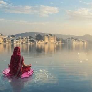 A serene, ethereal scene depicting the tranquil waters of Lake Pichola in Udaipur at dawn, with the majestic City Palace in the background, beautifully reflecting on the calm surface. In the foreground, a traditional Rajasthani woman in a maroon and peacock blue saree is meditating on a lotus flower floating on the water. Her eyes are gently closed, exuding peace and mindfulness. Around her, delicate glowing mandalas and soft pastel hues of pink and gold light up the atmosphere, creating a spiritual aura. The sky is painted in soft blues and warm golds with wispy clouds, evoking a sense of calm and harmony. The art style is a blend of traditional Indian elements with modern digital aesthetics, featuring intricate patterns and cultural motifs to represent Udaipur's rich heritage in a contemporary visual narrative.