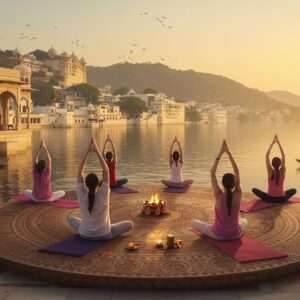 In the heart of Udaipur, a serene lakeside scene unfolds under the soft glow of dawn. The tranquil waters of Lake Pichola reflect the golden hues of the rising sun, casting a warm, ethereal light over the city. In the foreground, a peaceful yoga session is taking place on an ornate, intricately patterned platform, adorned with lotus flowers and traditional Indian motifs. The participants, diverse in age and dressed in flowing, pastel-colored attire, gracefully perform asanas amidst the gentle sound of temple bells in the distance. The backdrop features the majestic City Palace, its architectural grandeur harmonizing with the natural beauty of the surrounding hills. The art style blends digital aesthetics with elements of traditional Indian art, featuring rich, deep colors like saffron and maroon. The atmosphere is serene and spiritual, inviting viewers to embark on a mindful journey through this enchanting city.