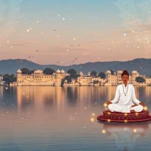 A serene depiction of Udaipur, the City of Lakes, showcasing the tranquil Lake Pichola with its calm, reflective waters. In the foreground, a traditional Indian yogi is meditating on a lotus platform, surrounded by soft, ethereal glowing lights. The yogi is adorned in simple white attire with subtle gold embroidery, symbolizing purity and spirituality. The background features the majestic City Palace with intricate architectural details and the Aravalli Hills under a pastel-colored sky of soft blues and warm golds. Delicate mandalas and gentle lotus flowers float around, creating a spiritual and harmonious atmosphere. The art style blends traditional Indian elements with modern digital aesthetics, using rich colors like maroon and peacock blue to create a captivating and peaceful scene that invites mindfulness and exploration.