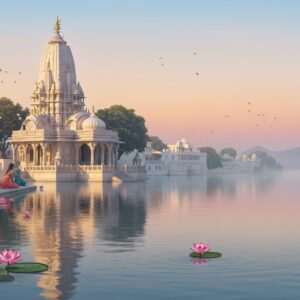 A serene scene of Udaipur's iconic Jagdish Temple bathed in the soft glow of dawn, its intricate carvings and towering spire reaching towards a pastel-hued sky. In the foreground, a calm lake reflects the temple and the rising sun, with gentle ripples creating a tranquil effect. Along the lake's edge, a group of Indian women in traditional yet elegantly modernized sarees engage in a mindful yoga session, their poses reflecting harmony and balance. Lotus flowers gently float on the water, while ethereal light beams create an aura of spirituality. The color palette includes soft blues, pale pinks, and warm golds, exuding peace and enlightenment. The art style should blend traditional Indian motifs with a contemporary digital aesthetic, capturing the essence of a spiritual journey in Udaipur.