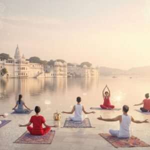 A serene, ethereal depiction of Udaipur's spiritual essence: A panoramic view of a tranquil lake with the iconic white structures of the Jag Mandir and Lake Palace in the background. In the foreground, a peaceful yoga session is in progress, featuring a diverse group of Indian men and women in traditional yet contemporary attire performing yoga poses on ornate mats. Surrounding them are glowing mandalas and lotus flowers subtly incorporated into the environment. The sky is a blend of soft pastel hues—pale pink, warm gold, and soft blue—creating a harmonious atmosphere. The scene is illuminated by a gentle, soft glow that captures the spirituality and tranquility of Udaipur, with intricate patterns and motifs subtly woven into the architecture and nature, reflecting a fusion of traditional and modern digital aesthetics.