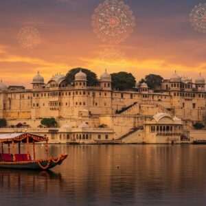 A breathtaking digital artwork depicting the City Palace of Udaipur, showcasing its grandeur and intricate architectural details, with its elegant domes and arches set against a serene sunset sky. The palace is bathed in warm, golden light, reflecting off the calm waters of Lake Pichola. In the foreground, a traditional Indian boat gently floats on the water, adorned with colorful marigold flowers and softly glowing lanterns. A spiritual ambiance is created with ethereal, glowing mandalas subtly integrated into the sky, evoking a sense of tranquility and timelessness. The art style should merge elements of traditional Indian art with a modern digital aesthetic, using rich colors like saffron, maroon, and peacock blue to enhance the cultural motifs and historical significance of Udaipur's architectural marvels.