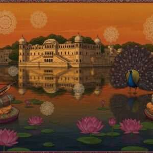 In the heart of Udaipur, a breathtaking scene unfolds, capturing the essence of its 2025 cultural vibrancy. An intricately detailed illustration showcases the iconic City Palace, bathed in the warm glow of a saffron sunset, reflecting in the serene waters of Lake Pichola. Traditional Rajasthani musicians, dressed in colorful attire adorned with mirror work, play ancient melodies on their instruments, surrounded by glowing mandalas floating in the air. A majestic peacock, in hues of maroon and peacock blue, spreads its iridescent feathers in celebration. Ethereal lotus flowers bloom on the lake surface, casting a tranquil and spiritual ambiance. The art style is a fusion of Madhubani and digital surrealism, with a focus on deep colors, intricate patterns, and cultural motifs, inviting viewers into a world where tradition meets modern elegance.