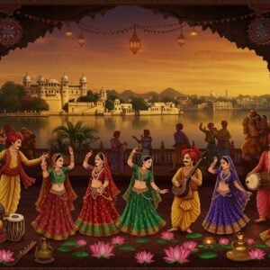 A panoramic view of Udaipur's vibrant cultural tapestry, featuring an intricate blend of traditional Indian art forms like Madhubani, Pattachitra, and Phad integrated with modern digital aesthetics. The scene showcases a lively festival atmosphere with beautifully dressed Indian men and women in colorful traditional attire, dancing gracefully to the rhythms of classical Indian music. In the foreground, a stunning display of Rajasthani folk dancers with traditional instruments like the tabla and sitar, surrounded by luminous patterns of mandalas and lotus flowers. The backdrop highlights Udaipur's iconic architecture with the City Palace and Lake Pichola softly illuminated under a golden sunset. The overall mood is enchanting and festive, with rich, deep colors like maroon, saffron, and peacock blue, capturing the essence of Udaipur's cultural vibrancy and inviting viewers to immerse themselves in its artistic and musical heritage.