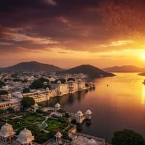 A breathtaking aerial view of Udaipur, the "City of Lakes," at sunset, featuring the iconic Lake Pichola with its serene waters reflecting the golden and maroon hues of the sky. In the foreground, the magnificent City Palace stands majestically, its intricate architecture blending traditional Rajasthani motifs with modern elegance. Surrounding the palace are lush gardens with blooming lotus flowers and vibrant peacock feathers. The distant Aravalli hills provide a tranquil backdrop, with softly glowing mandalas subtly overlaying the sky to symbolize spirituality and cultural depth. The entire scene is imbued with a sense of divine beauty and historical grandeur, using a fusion of traditional Indian art styles and contemporary digital aesthetics.