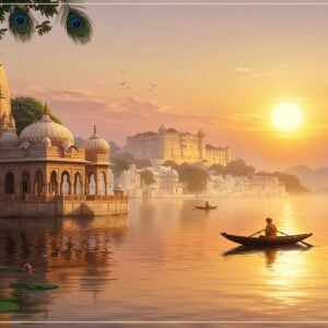 An ethereal landscape showcasing the serene beauty of Udaipur, with its iconic City Palace majestically overlooking the tranquil waters of Lake Pichola. In the foreground, a traditional Rajasthani temple adorned with intricate carvings and surrounded by lush greenery. The scene is bathed in a warm, golden glow as the sun sets, casting a divine aura over the city. The sky is painted in soft pastels of pink and orange, with gentle ripples on the water reflecting the hues. A lone boatman in traditional attire paddles gracefully across the lake, adding to the spiritual tranquility. Rich cultural motifs like peacock feathers and lotus flowers subtly embellish the scene. The art style blends traditional Indian artistry with modern digital aesthetics, creating a captivating and harmonious composition that invites viewers into the spiritual heart of Udaipur.