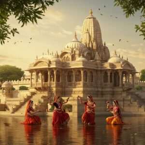 A breathtaking depiction of Udaipur's divine heritage, showcasing a majestic temple with intricate carvings and ornate architecture, nestled amidst lush greenery and tranquil lakes. The temple is adorned with traditional Mewar motifs and patterns, including delicate lotus flowers and peacock feathers, in rich colors of maroon, gold, and saffron. In the foreground, a serene lake reflects the temple's grandeur, with gentle ripples creating a surreal effect. The scene is bathed in a warm, ethereal glow, enhancing the spiritual ambiance. Indian women in traditional Mewar attire gracefully perform a ritual dance, their flowing garments and jewelry shimmering under the soft light. The art style blends traditional Indian aesthetics with modern digital techniques, creating a harmonious balance that emphasizes the cultural legacy and divine essence of Udaipur.