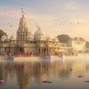 A serene and ethereal depiction of Udaipur's iconic Jagdish Temple at dawn, bathed in soft, warm golden light. The intricate temple architecture is highlighted against a pastel sky with gentle hues of pink and blue. In the foreground, a tranquil water surface reflects the temple's grandeur, adorned with floating lotus flowers. The scene is enriched with devotees in traditional Indian attire, engaged in morning rituals, their silhouettes softly illuminated by glowing lamps. Incorporate subtle elements like peacock feathers and spiritual symbols, emphasizing the harmonious blend of tradition and modern digital aesthetics. The overall tone conveys a sense of peace, spirituality, and reverence.