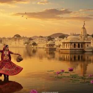 A breathtaking depiction of Udaipur's City Palace against the backdrop of a serene, golden-hued sunset. The scene is adorned with intricate patterns inspired by Madhubani and Pattachitra art, with vivid colors like maroon and peacock blue. In the foreground, a traditional Rajasthani folk dancer in vibrant attire gracefully twirls, her skirt creating a whirlwind of colors. Nearby, an intricately carved Hindu temple with glowing lamps reflects in a tranquil water body, symbolizing faith. Delicate lotuses float on the water surface, while ethereal, pastel-colored clouds drift across the sky. The overall atmosphere is one of timeless beauty and cultural richness, blending traditional heritage with a modern digital aesthetic.