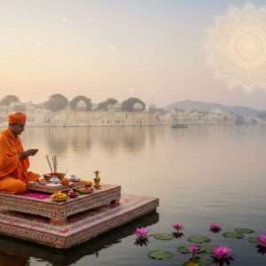A serene depiction of Udaipur's famous lakes at dawn, with a majestic palace reflecting softly on the tranquil waters. In the foreground, a traditional Indian priest in vibrant saffron robes performs a sacred ritual, offering flowers and incense on a beautifully decorated wooden platform. Intricate patterns inspired by Madhubani and Pattachitra art adorn the platform and surrounding area. The scene is bathed in a gentle, ethereal glow, with soft pastel colors like pale pink and warm gold illuminating the sky. Lotus flowers float gracefully on the water's surface, and a large, glowing mandala is subtly visible in the background, symbolizing spirituality and tradition. The overall atmosphere is one of peace, reverence, and timelessness, inviting viewers to immerse themselves in the spiritual essence of Udaipur.