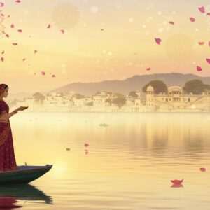 A vibrant depiction of Udaipur's iconic Lake Pichola at sunrise, with the majestic City Palace in the background. The scene is bathed in soft, ethereal light, reflecting warm gold and pale pink hues across the serene water surface. In the foreground, a traditional Rajasthani woman in a richly detailed maroon saree with intricate gold patterns stands gracefully on a small boat, her silhouette casting a gentle reflection on the water. She holds a glowing diya (oil lamp) in her hand, symbolizing spiritual offerings. The sky above is adorned with stylized, pastel-colored mandalas and floating lotus petals, adding a mystical touch. The art style blends traditional Indian artistry with modern digital aesthetics, capturing both the cultural richness and spiritual tranquility of Udaipur.