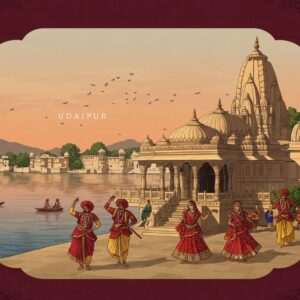 An exquisite digital illustration capturing the essence of Udaipur: A panoramic view of the serene Lake Pichola with its gentle, reflective waters, bordered by lush greenery and majestic palaces. In the foreground, an intricately detailed depiction of the Jagdish Temple, its architecture adorned with carvings and sculptures, bathed in the warm, golden glow of the setting sun. Traditional Rajasthani dancers in vibrant attire perform gracefully near the temple, their movements fluid and captivating. The sky is painted with soft pastel hues, casting a tranquil ambiance over the scene. The composition should merge elements of traditional Indian art with modern digital aesthetics, featuring deep colors like maroon and peacock blue with subtle cultural motifs throughout. The overall tone is one of harmony and spirituality, inviting viewers to immerse themselves in Udaipur’s rich cultural tapestry.