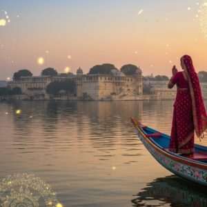 An enchanting scene of Udaipur's iconic Lake Pichola at sunrise, with the ethereal City Palace and Jag Mandir Temple casting golden reflections on the calm water. In the foreground, a traditional Indian woman in a vibrant, maroon saree stands gracefully on a decorated boat, her hands folded in a serene Namaste gesture. The boat is adorned with intricate patterns inspired by Madhubani art, featuring lotus motifs and peacock feathers. Soft pastel hues of pink, blue, and gold light up the sky, creating a tranquil atmosphere. Delicate glowing mandalas float subtly around the scene, adding a spiritual touch. The overall image is a harmonious blend of traditional Indian culture with modern digital aesthetics, inviting viewers into Udaipur's timeless heritage and holiness.
