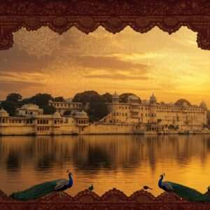 An ethereal view of Udaipur's iconic City Palace illuminated by the golden hues of a setting sun, reflecting in the tranquil waters of Lake Pichola. The scene is adorned with traditional Indian motifs and intricate patterns inspired by Madhubani and Pattachitra art, with a surreal touch of glowing mandalas in the sky. Peacocks grace the palace grounds, adding to the regal ambiance. The color palette features deep maroon, peacock blue, and saffron, creating a spiritual and serene atmosphere. The image blends the rich cultural heritage of Udaipur with a modern digital aesthetic, inviting viewers into a world of history and spirituality.