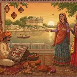 A vibrant and captivating scene of Udaipur in 2025, featuring a traditional Indian artisan meticulously painting a Pattachitra artwork, surrounded by intricately designed crafts and textiles. Beside the artisan, a storyteller dressed in a modern yet traditional fusion attire, animatedly narrates tales with expressive gestures. The background depicts the serene Lake Pichola and the iconic City Palace, bathed in the warm glow of a setting sun. Rich colors like saffron, maroon, and peacock blue dominate the palette, with intricate patterns and cultural motifs subtly woven into the scene. The overall art style blends Madhubani elements with a modern digital touch, emphasizing the harmony between heritage and innovation, inviting viewers into the cultural richness of Udaipur's living heritage.