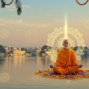 An enchanting scene of Udaipur's serene lake at sunrise, reflecting the city's majestic palaces and temples. In the foreground, an Indian yogi in a saffron robe meditates on a lotus, with eyes closed, exuding peace and tranquility. Around him, intricate patterns of glowing mandalas and golden auras gently illuminate the scene. The sky is painted in soft hues of pastel blue and warm gold, with ethereal light filtering through. Traditional elements like peacock feathers and marigold garlands subtly blend into the modern digital aesthetic, creating a harmonious balance between heritage and innovation. The atmosphere is spiritual and inviting, evoking a sense of connection to ancient practices.