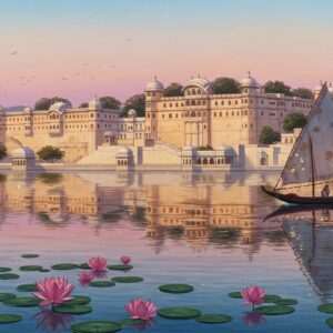 An enchanting view of Udaipur's iconic City Palace set against the backdrop of a serene, twilight sky. The palace is adorned with intricate Pattachitra patterns in shades of gold and maroon, reflecting its grandeur and cultural richness. In the foreground, the tranquil waters of Lake Pichola mirror the palace's ethereal glow, surrounded by blooming lotus flowers, symbolizing purity and spiritual depth. A traditional Indian boat gently glides across the water, its sails decorated with Madhubani art motifs. Soft, glowing pastel lights highlight the scene, creating an ambiance of serenity and spirituality. The art style is a harmonious blend of traditional Indian aesthetics and modern digital techniques, evoking a sense of timelessness and allure.
