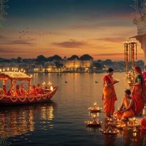A mesmerizing scene of Udaipur's lakeside during a vibrant festival, capturing the essence of sacred rituals and celebrations. In the foreground, an intricately decorated boat floats gently on the serene waters of Lake Pichola, adorned with marigold garlands and traditional lamps casting a warm, golden glow. Nearby, a group of Indian men and women in colorful traditional attire perform a ritual, their faces reflecting joy and devotion. The background features the stunning silhouette of Udaipur's City Palace, beautifully illuminated against a twilight sky with hues of saffron and deep indigo. Intricate patterns and cultural motifs like mandalas and lotus flowers subtly blend into the scene, adding a touch of modern digital aesthetics. The overall atmosphere is serene yet festive, inviting viewers into the rich traditions of Udaipur.