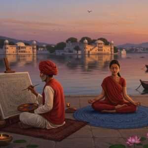 In a serene landscape of Udaipur, capture the essence of spirituality intertwined with art and daily life. Depict a tranquil lakeside scene at dusk with the iconic Lake Palace in the background, its reflection shimmering in the calm waters. In the foreground, showcase a traditional Rajasthani artist, a middle-aged Indian man, skillfully painting an intricate Pattachitra-inspired artwork on a large canvas. He is dressed in a vibrant turban and traditional kurta-pajama. Beside him, a young Indian woman meditates in Padmasana (lotus position) on a beautifully patterned mandala mat, her serene face illuminated by the soft glow of setting sun. Around them, rich colors of maroon and peacock blue blend harmoniously with elements of traditional Indian motifs like lotus flowers and spiritual symbols subtly integrated into the scene. The atmosphere is ethereal and spiritual, with a sense of timelessness and cultural richness. The art style should merge traditional Indian aesthetics with modern digital techniques, highlighting the vibrant yet peaceful spirit of Udaipur.