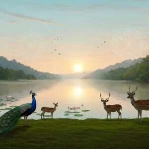 A serene, ethereal landscape depicting the lush natural sanctuaries of Udaipur. The scene features a tranquil lake reflecting the soft glow of the rising sun, surrounded by verdant hills and rich, deep forest greens. Intricate, glowing mandalas float above the water surface, symbolizing the divine presence. In the foreground, a graceful Indian peacock with iridescent feathers stands majestically, while a gentle herd of deer grazes nearby, embodying the harmony between wildlife and sacred nature. The sky is painted in pastel hues of soft blue and warm gold, dotted with delicate lotus blossoms drifting in the breeze. The art style merges traditional Indian motifs with modern digital aesthetics, using rich colors like maroon and peacock blue to create a captivating and spiritual atmosphere.