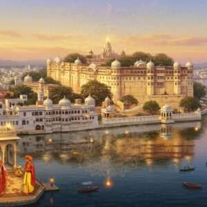 A majestic aerial view of Udaipur, capturing the essence of its regal spirituality. The grand City Palace stands proudly, its intricate architecture highlighted by golden, saffron, and maroon hues. Below, the serene waters of Lake Pichola reflect the palace's grandeur, with ethereal pastel colors blending seamlessly into the sky. In the foreground, an ornate mandala pattern is subtly integrated into the landscape, symbolizing divine connections. The image is populated by Indian characters in traditional attire, evoking a sense of history and culture. The art style is a fusion of traditional Indian art forms with modern digital aesthetics, offering a captivating balance of heritage and innovation. Soft glowing lights and cultural motifs like lotus flowers enhance the spiritual tone, inviting viewers to delve deeper into Udaipur's rich history and spirituality.