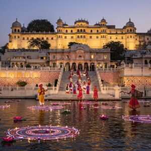 A mesmerizing scene of Udaipur's iconic City Palace, beautifully illuminated against a twilight sky. The palace is adorned with intricate patterns inspired by Madhubani and Pattachitra art forms, glowing softly in hues of gold, maroon, and peacock blue. In the foreground, a serene lake reflects the palace's lights, with floating lotus flowers and delicate mandalas casting gentle ripples across the water. Traditional Rajasthani musicians and dancers, dressed in vibrant attire, perform on the palace steps, embodying the festive spirit with instruments like the dhol and sarangi. The atmosphere is ethereal and spiritual, with soft pastel lights creating a tranquil ambiance, inviting viewers into Udaipur's rich cultural tapestry in 2025.