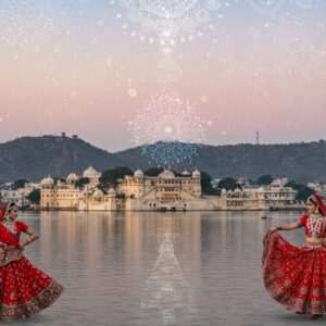 A mesmerizing view of Udaipur's cityscape in 2025, blending the old-world charm with modern elements. The foreground features a serene Lake Pichola reflecting the ornate City Palace, bathed in a soft, golden glow. In the background, the majestic Aravalli Hills loom under a pastel twilight sky. The scene includes vibrant Rajasthani dancers in traditional attire, gracefully performing with colorful lehengas and mirrored jewelry, symbolizing cultural heritage. Intricate patterns and motifs reminiscent of Madhubani and Pattachitra art subtly weave through the scene, with digital overlays of glowing mandalas and lotus flowers in the sky. The overall composition exudes a sense of spirituality and tranquility, inviting viewers to delve into the rich tapestry of Udaipur's soul.
