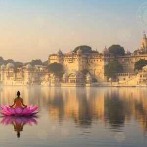 A stunning depiction of Udaipur's skyline at dawn, where the ethereal Lake Pichola mirrors the majestic City Palace and surrounding ancient temples. The scene is suffused with a warm, golden glow, highlighting intricate carvings and architectural details that blend traditional Rajasthani styles with modern digital aesthetics. In the foreground, a serene yogi in meditative pose sits on a lotus flower floating on the lake's surface, embodying tranquility and spiritual wisdom. Soft pastel hues of blue and pink in the sky complement the rich maroon and gold tones of the temples. Delicate glowing mandalas subtly intersperse throughout the scene, adding a sense of spirituality and timelessness. The overall ambiance invites viewers into a journey of peace and exploration, resonating with Udaipur's spiritual echoes.