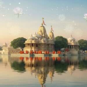 An ethereal depiction of Udaipur's spiritual landscape, featuring a serene temple complex nestled among lush greenery and tranquil lakes. The temple showcases intricate carvings and is adorned with golden accents that shimmer in the soft morning light. In the foreground, a calm water surface reflects the temple and the vibrant hues of a rising sun. A group of pilgrims, clad in traditional Indian attire, are seen performing a peaceful ritual by the lakeside, their reflections mirrored in the water. Above them, a gentle pastel sky with hues of soft blue and pale pink envelops the scene, dotted with glowing mandalas and lotus flowers floating in the air. The overall ambiance conveys tranquility and spirituality, with a modern digital aesthetic that highlights the harmony between nature and sacred architecture.