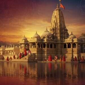 A serene depiction of Udaipur's Jagdish Temple bathed in the soft glow of a setting sun, casting golden hues across the intricately carved stone facade. In the foreground, a calm water surface reflects the temple and the vibrant colors of maroon and peacock blue in the sky. Around the temple, traditional Indian motifs like lotus flowers and mandalas subtly blend into the scene, creating a harmonious and spiritual atmosphere. The presence of local devotees in traditional Indian attire, engaged in peaceful prayers, adds to the cultural depth. The art style should be a fusion of traditional Indian forms with modern digital aesthetics, emphasizing tranquility and spirituality.