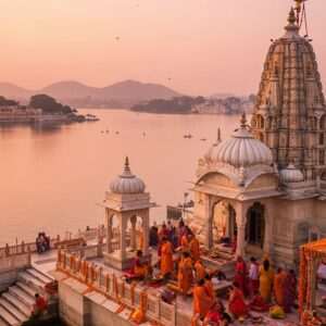 An enchanting scene capturing Udaipur's spiritual essence: a stunning panorama of the cityscape at dawn, with the serene waters of Lake Pichola reflecting the vibrant hues of saffron and maroon. In the foreground, a traditional Hindu temple rises gracefully with intricate carvings and motifs, its spires reaching towards the pastel pink sky. Devotees in colorful attire gather around, participating in a ritual with offerings of marigold flowers and incense. The air is filled with a soft golden glow from the early morning sun. Rich cultural symbols like lotus flowers and mandalas are subtly woven into the temple's architecture. The scene is both serene and lively, capturing the harmonious blend of Udaipur's ancient heritage and modern spirituality, inviting viewers into a world of peace and cultural richness.