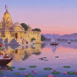 A serene depiction of Udaipur's spiritual landscape at dusk, featuring a majestic temple with intricate carvings and a grand entrance, illuminated by soft, warm golden lights. In the foreground, a tranquil lake reflects the temple's glow, surrounded by lotus flowers gently floating on the water. Traditional Indian boats with colorful sails drift serenely across the lake. The sky is painted in soothing pastel hues of lavender and soft pink, while silhouettes of the Aravalli hills stand in the distance. Local people in traditional Rajasthani attire, performing a ritual with incense and offerings near the temple steps, add a sense of cultural richness. The art style blends traditional Indian motifs with modern digital aesthetics, emphasizing harmony and spirituality.