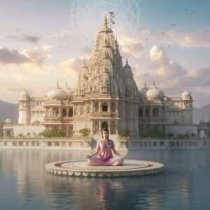 An ethereal depiction of Udaipur's iconic Jagdish Temple, bathed in the soft glow of a digital dawn. In the foreground, an elegant Indian woman in a serene yoga pose, adorned in flowing attire with pastel hues and subtle gold accents, meditates on a tranquil lotus-shaped platform floating above a calm water surface. The temple is intricately detailed with traditional architectural patterns, while the sky is painted with soft, surreal clouds and a glowing mandala. The scene exudes tranquility and mindfulness, merging the ancient with the digital age, highlighted by gentle glowing lights and pastel color palettes to symbolize spiritual harmony and modern serenity.