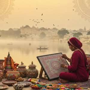 A serene, ethereal landscape of Udaipur with its iconic lakes shimmering under a soft, golden sunrise. In the foreground, a skilled Indian artisan is meticulously crafting a vibrant piece of traditional Pattachitra art, surrounded by an array of colorful handcrafted treasures. Intricate patterns and cultural motifs like mandalas and lotus flowers subtly blend into the scene, echoing the spiritual essence of the city. The artisan is dressed in traditional attire with rich hues of maroon and peacock blue. The backdrop features the silhouette of Udaipur's majestic palaces, softly enveloped in mist. The atmosphere is calm and harmonious, emphasizing the city's rich cultural heritage and artistry. The overall tone is peaceful and inviting, with a touch of modern digital aesthetics enhancing the traditional elements.