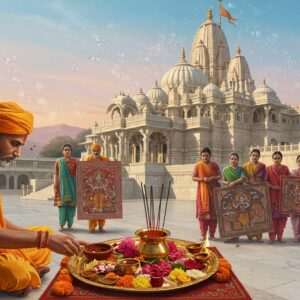 A serene depiction of Udaipur's spiritual heritage in 2025, showcasing a vibrant scene at the famous Jagdish Temple. The foreground features a traditional Indian priest performing a sacred ritual with an ornate, gold-plated thali filled with colorful flowers, incense, and a glowing diya. In the background, the majestic architecture of the temple is illuminated with soft, ethereal lights, casting a warm glow on intricate carvings depicting deities and sacred symbols. The sky is painted with hues of pastel blues and pinks, and the air is filled with shimmering particles of light. A group of Indian devotees dressed in modern attire with traditional elements, such as dupattas and turbans, stand in reverence, some holding beautifully designed Pattachitra-style artwork depicting Hindu spiritual themes. The art style merges traditional and digital aesthetics, capturing the essence of spirituality and cultural richness in a contemporary setting.