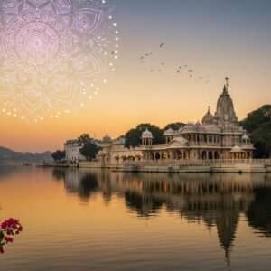 A breathtaking view of Udaipur's serene spiritual landscape, featuring a grand, intricately carved Hindu temple reflecting in the calm waters of Lake Pichola. The temple is surrounded by lush greenery and vibrant flowers, with peacock feathers subtly integrated into the design. In the foreground, an ethereal mandala made of glowing pastel lights hovers, casting a gentle illumination over the scene. The sky is painted in soft hues of dawn, with warm golds and delicate pinks blending seamlessly. Traditional Rajasthani architecture is depicted, with arched windows and ornate balconies. This image blends elements of Madhubani and Phad art styles with modern digital aesthetics, capturing the essence of spirituality and history in Udaipur.