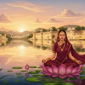 A mesmerizing view of Udaipur's iconic City Palace and Lake Pichola at sunrise, bathed in warm, golden light. The scene captures the palace's intricate architecture reflecting on the tranquil lake surface, surrounded by lush greenery. In the foreground, a serene Indian woman in a flowing maroon saree is meditating on a lotus flower, her eyes closed in peaceful contemplation. She is adorned with delicate gold jewelry and has a serene expression, embodying ancient wisdom. In the background, faint silhouettes of ancient temples and rolling hills can be seen, with soft pastel clouds in the sky. The art style combines traditional Indian elements with a modern digital aesthetic, featuring rich colors and intricate patterns to emphasize the spiritual harmony of Udaipur.