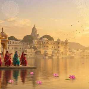 An ethereal depiction of Udaipur, the City of Lakes, bathed in the warm golden hues of a setting sun. In the foreground, a serene lake reflects the intricate architecture of a palace, its ornate arches and domes adorned with traditional Pattachitra patterns. On the banks, a procession of Indian women in vibrant, flowing sarees (saffron, maroon, peacock blue) engage in a traditional dance, their movements graceful and harmonious. The scene is enriched with spiritual motifs: glowing lotus flowers floating on the water, and soft mandalas subtly woven into the sky's pastel colors. A sense of deep devotion is conveyed through the presence of a tranquil temple silhouette in the background, its spires reaching towards the heavens. The overall ambiance is one of tranquility and cultural richness, merging traditional art forms with modern digital aesthetics to captivate the viewer.