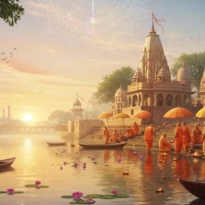 An ethereal and serene scene depicting the spiritual richness of Uttar Pradesh. In the foreground, a tranquil river reflects the soft glow of the rising sun, casting a warm golden hue across the landscape. Along the riverbank, an intricately detailed temple inspired by Kashi Vishwanath stands majestically, its spires reaching towards the sky, adorned with traditional Indian motifs. A group of Indian pilgrims dressed in vibrant saffron robes performs a peaceful ritual by the river, surrounded by floating diyas (lamps) and lotus flowers. The background features a lush landscape with distant views of the iconic Taj Mahal and sacred ghats. The sky is painted in pastel shades of pink and blue, with subtle glowing mandalas adding a spiritual touch. The art style blends traditional Indian elements with modern digital aesthetics, creating a captivating visual harmony that evokes a sense of divine tranquility and cultural richness.
