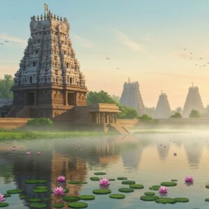 A serene depiction of the Vaikom Mahadeva Temple, captured in the soft glow of a rising sun. The temple's intricate carvings and traditional architecture are highlighted, surrounded by lush greenery and calm water bodies. In the foreground, an elegant lotus pond reflects the temple's facade, with lotus flowers gently floating on the water's surface. Nearby, the silhouette of other temples peeks through a misty morning haze, inviting exploration. The sky is painted in pastel hues of soft blue and pale pink, with a hint of warm gold from the sunlight. The overall composition exudes tranquility and spiritual allure, designed in a modern digital aesthetic that blends traditional motifs with contemporary vibrancy.
