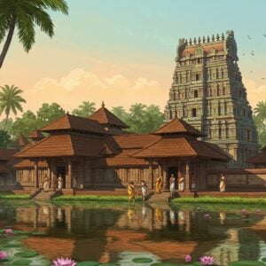 A serene depiction of the Vaikom Mahadeva Temple, set against the lush, green backdrop of Kerala's natural beauty. The temple is intricately detailed, showcasing traditional Kerala architecture with sloping tiled roofs and ornate woodwork. In the foreground, a tranquil water body reflects the temple's majestic structure, surrounded by vibrant lotus flowers. The scene is bathed in warm, golden light, with soft rays filtering through the surrounding coconut trees, creating a spiritual ambiance. The sky above is painted in pastel hues of soft blue and pale pink, evoking a sense of peace and divinity. Indian devotees in traditional attire are seen entering the temple, their expressions filled with reverence and devotion. The art style is a blend of traditional Indian artistry and modern digital techniques, rich with deep colors and intricate cultural motifs.