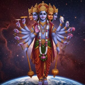 A majestic depiction of Vishvarupa, the cosmic form of Lord Vishnu, showcasing multiple heads and arms, each arm holding different symbolic items such as a conch, discus, mace, and lotus. His form encompasses the entire universe, with galaxies swirling around him and the earth below. The backdrop is a vast expanse of cosmic space filled with stars and nebulae, painted in rich hues of deep blue and maroon with hints of golden light illuminating his form. Intricate patterns reminiscent of traditional Indian art are subtly woven into the cosmic background. His expression is serene yet powerful, embodying divinity and the infinite. The image should have an ethereal glow, with elements like glowing mandalas and soft light emanating from his form, blending traditional Indian aesthetics with modern digital artistry.
