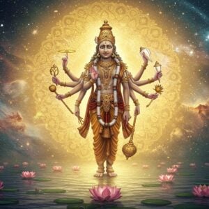An awe-inspiring depiction of Vishvarupa, the Universal Form, as envisioned in 2025. A majestic, multi-armed deity stands in the center, radiating divine energy. Each hand holds a symbolic item, such as a conch, discus, lotus, and mace, while an ethereal halo of glowing mandalas surrounds the deity. The background features a cosmic tapestry of swirling galaxies and vibrant nebulae, blending traditional Indian art motifs with a futuristic digital aesthetic. The scene is bathed in soft golden and peacock blue hues, highlighting intricate patterns reminiscent of Madhubani and Pattachitra art styles. The presence of serene lotus flowers and a tranquil water surface adds a spiritual and harmonious atmosphere, inviting viewers to explore the profound narrative of Vishvarupa Sena.