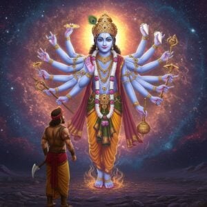 In the scene, depict Lord Krishna in his awe-inspiring Vishvarupa, the cosmic form, as described in the Bhagavad Gita. He should be portrayed with countless arms radiating outwards, each holding different symbolic items like a conch, discus, lotus, and mace. His form should be expansive, filling the frame with an ethereal glow, surrounded by a celestial aura. The background should feature a cosmic landscape with swirling galaxies and stars in deep blues and purples, reflecting the infinite nature of the universe. In the foreground, Arjuna, in traditional warrior attire, stands in awe and reverence, his expression a mixture of wonder and humility. The scene should incorporate intricate patterns and motifs inspired by Madhubani and Pattachitra art, with deep colors like maroon, gold, and peacock blue to emphasize divinity and grandeur. The overall tone should be serene yet powerful, capturing the spiritual significance of Krishna's cosmic form.