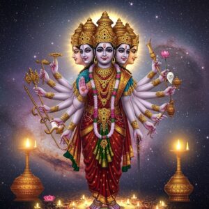 A majestic depiction of Vishvarupa, the cosmic form, showcasing an Indian deity with an awe-inspiring number of arms and faces, each representing different aspects of the universe. The deity is adorned with intricate jewelry and traditional attire in vibrant hues of maroon, saffron, and peacock blue. Surrounding the central figure are various symbolic elements such as glowing mandalas, lotus flowers, and swirling galaxies, all seamlessly blending into a harmonious composition. The background features a serene cosmic landscape with soft, ethereal lights and mystical patterns that highlight the deity's divine nature. The art style merges traditional Indian artistry with modern digital aesthetics, capturing the grandeur and spiritual essence of the Vishvarupa.