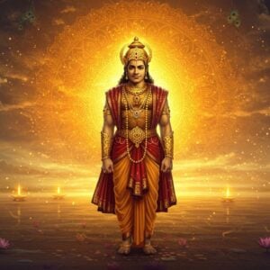 A regal depiction of Yudhishthira, the embodiment of dharma, standing nobly in a vast, ethereal landscape. He is adorned in traditional Indian royal attire, with intricate golden armor and a crown studded with precious gemstones. His expression is serene yet resolute, exuding wisdom and righteousness. The backdrop features a grand, luminous mandala in warm gold and saffron hues, symbolizing spiritual enlightenment. Surrounding him are subtle motifs of peacock feathers and lotus flowers, adding layers of cultural richness. Soft, glowing lights create a tranquil ambiance, blending the traditional with modern digital aesthetics. The art style is a fusion of Madhubani and digital surrealism, capturing both the heritage and contemporary allure of Yudhishthira's legacy.